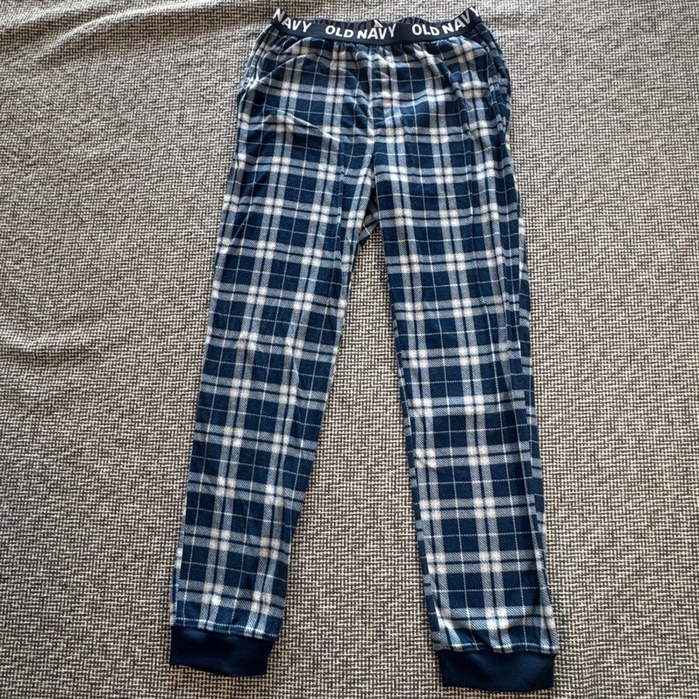 Old Navy Boys Youth XL 14-16 BlueWhite Plaid Fleece Pajama Pants Joggers Pockets